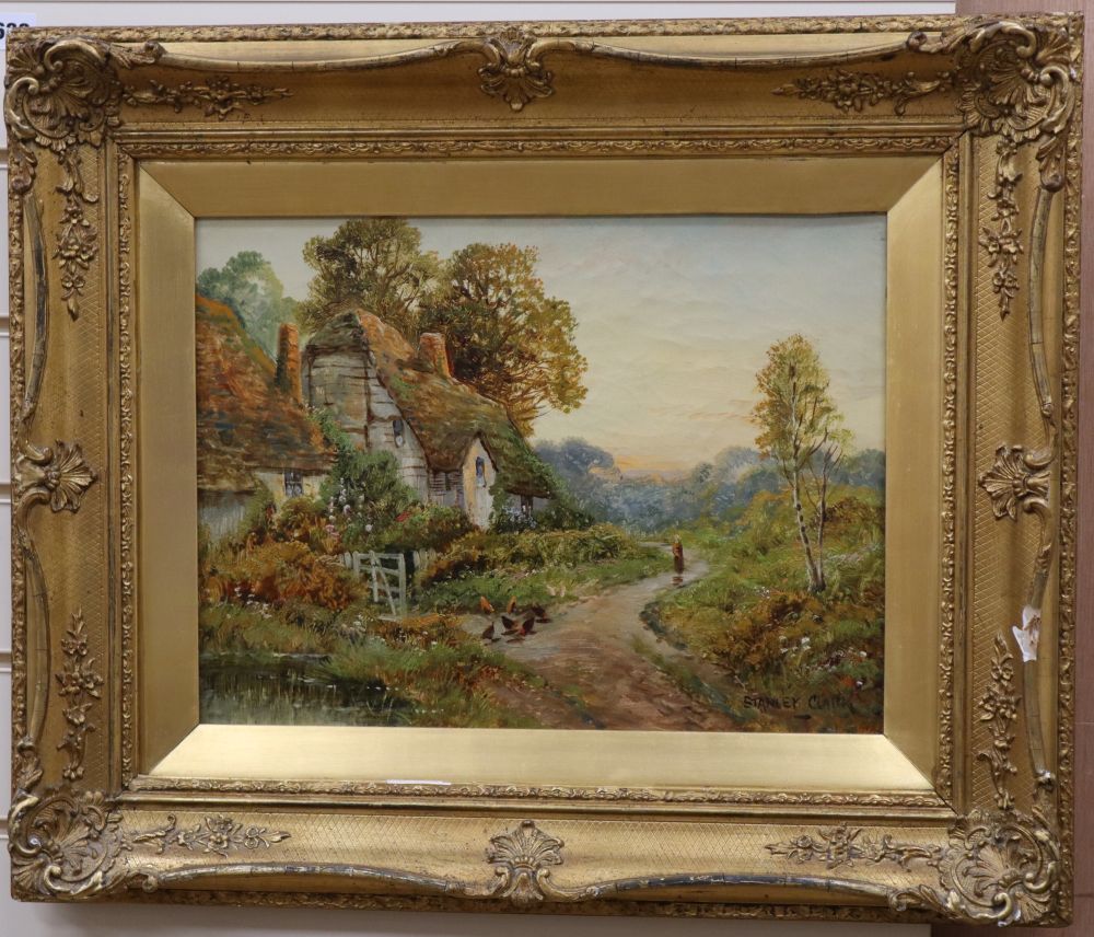 Stanley Clark (1888-1942), oil on canvas, Cottages with figure and chickens, signed, 30 x 40cm